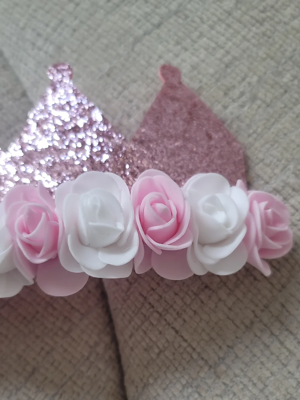 Pink Glitter Birthday Crown with Floral Trim